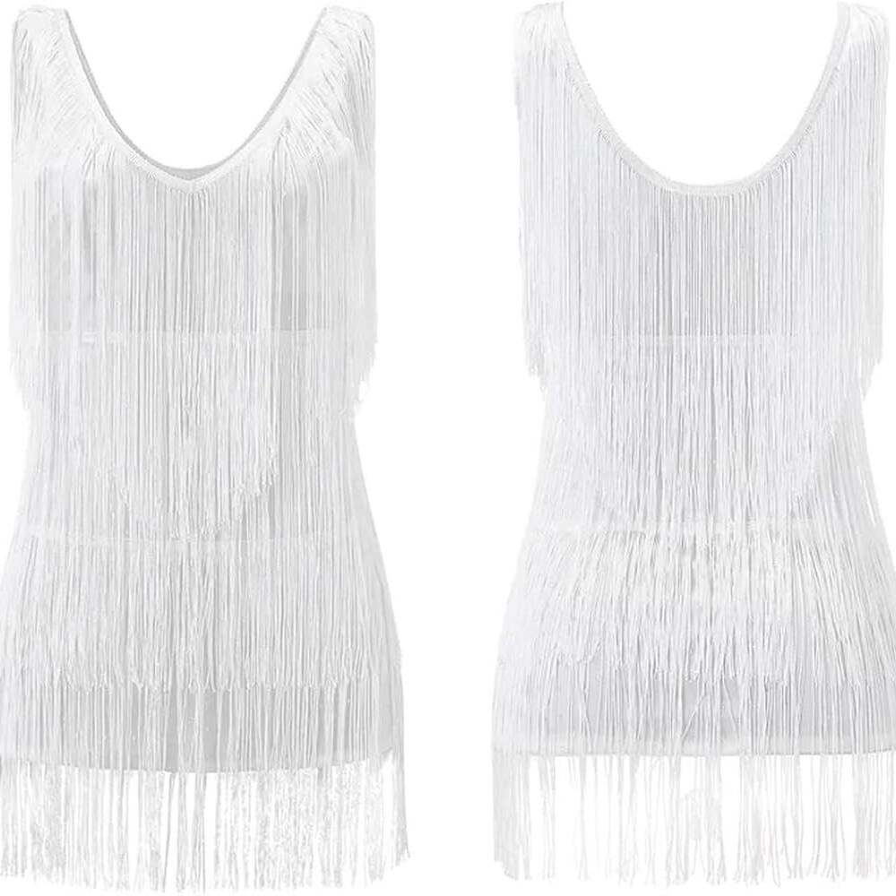 White Fringe Sleeveless Party Dress with Sequins